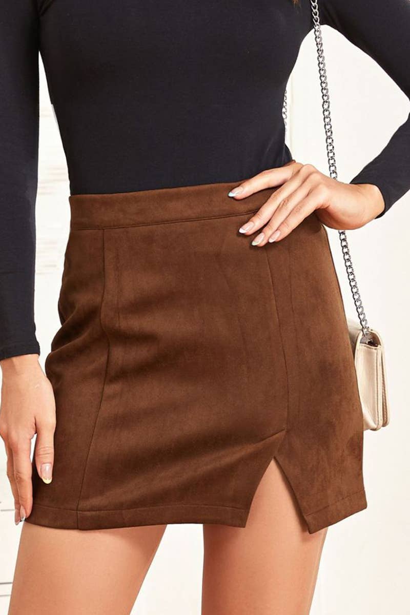 Suede wrap hip high waist zipper A-line solid color skirt