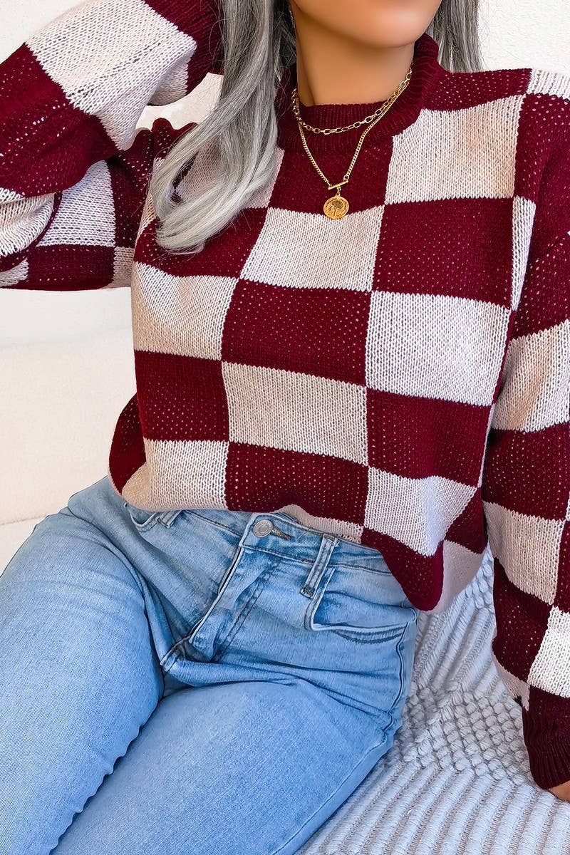 Maroon Checkered Sweater
