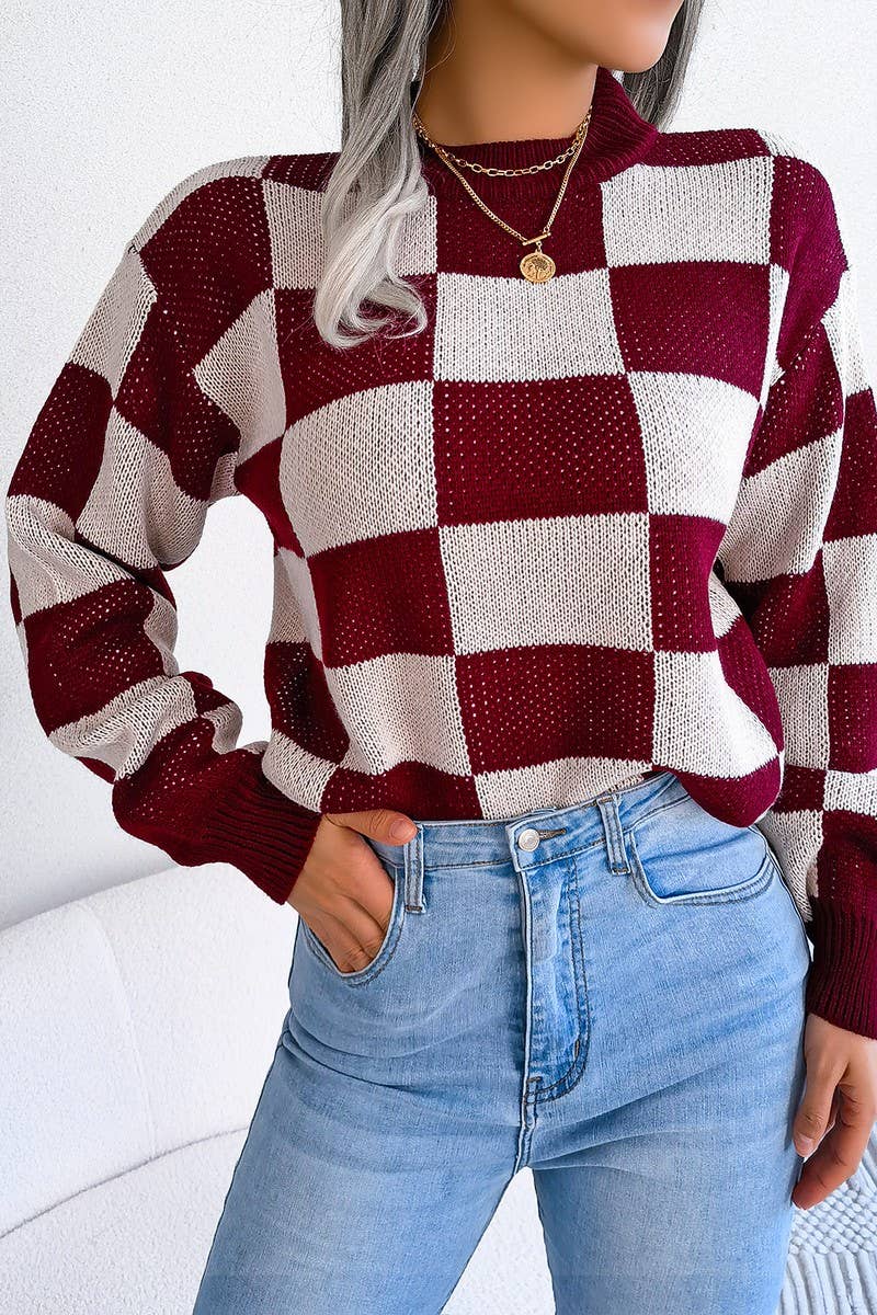 Maroon Checkered Sweater