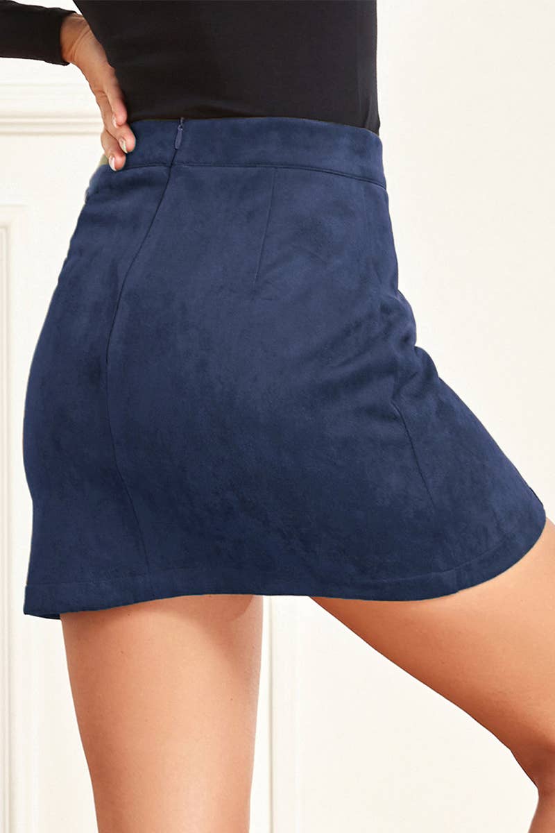 Suede wrap hip high waist zipper A-line solid color skirt